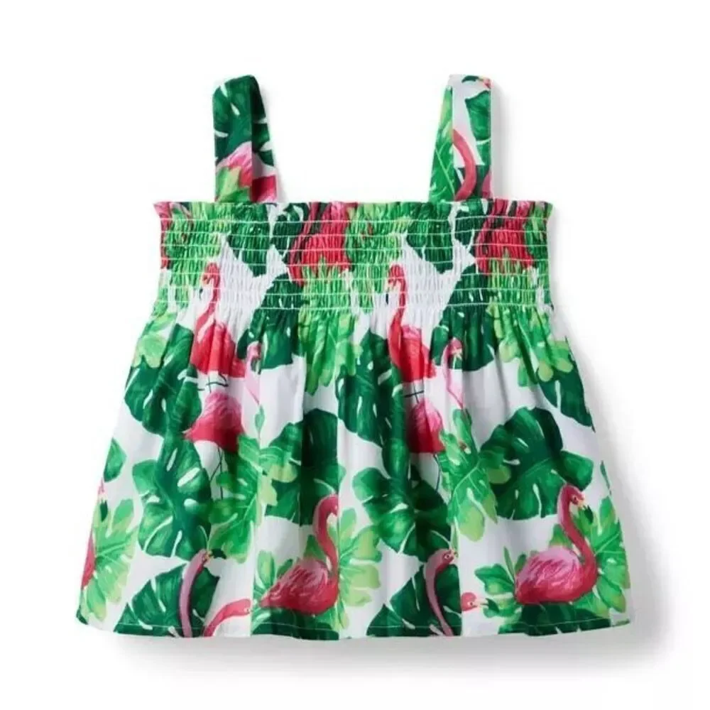 Janie and Jack Girls Tropical Flamingo Smocked Sleeveless Top Size 7 100% Cotton